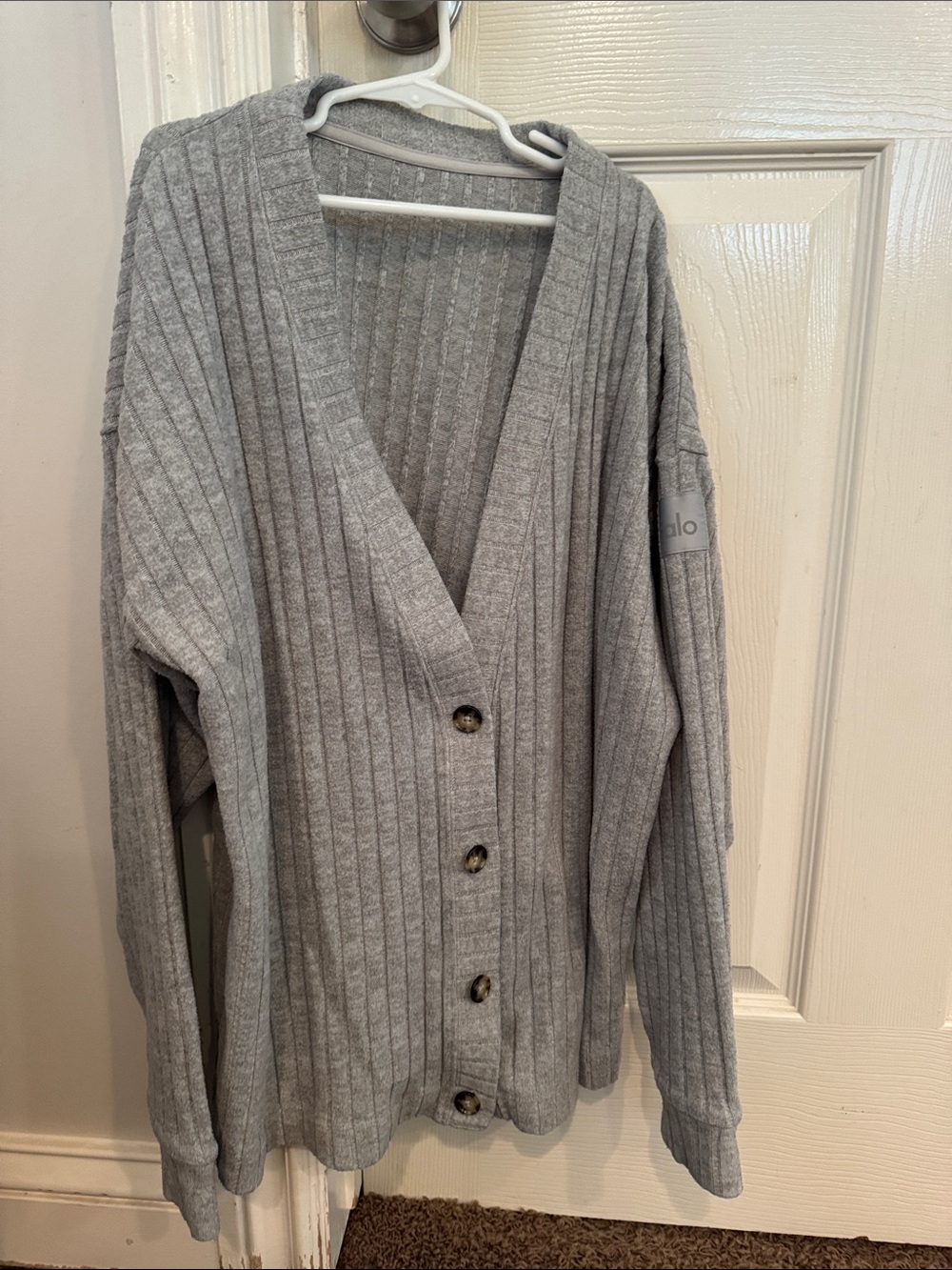 Alo Light Gray Ribbed Button-Front Women’s Cardigan Sweater